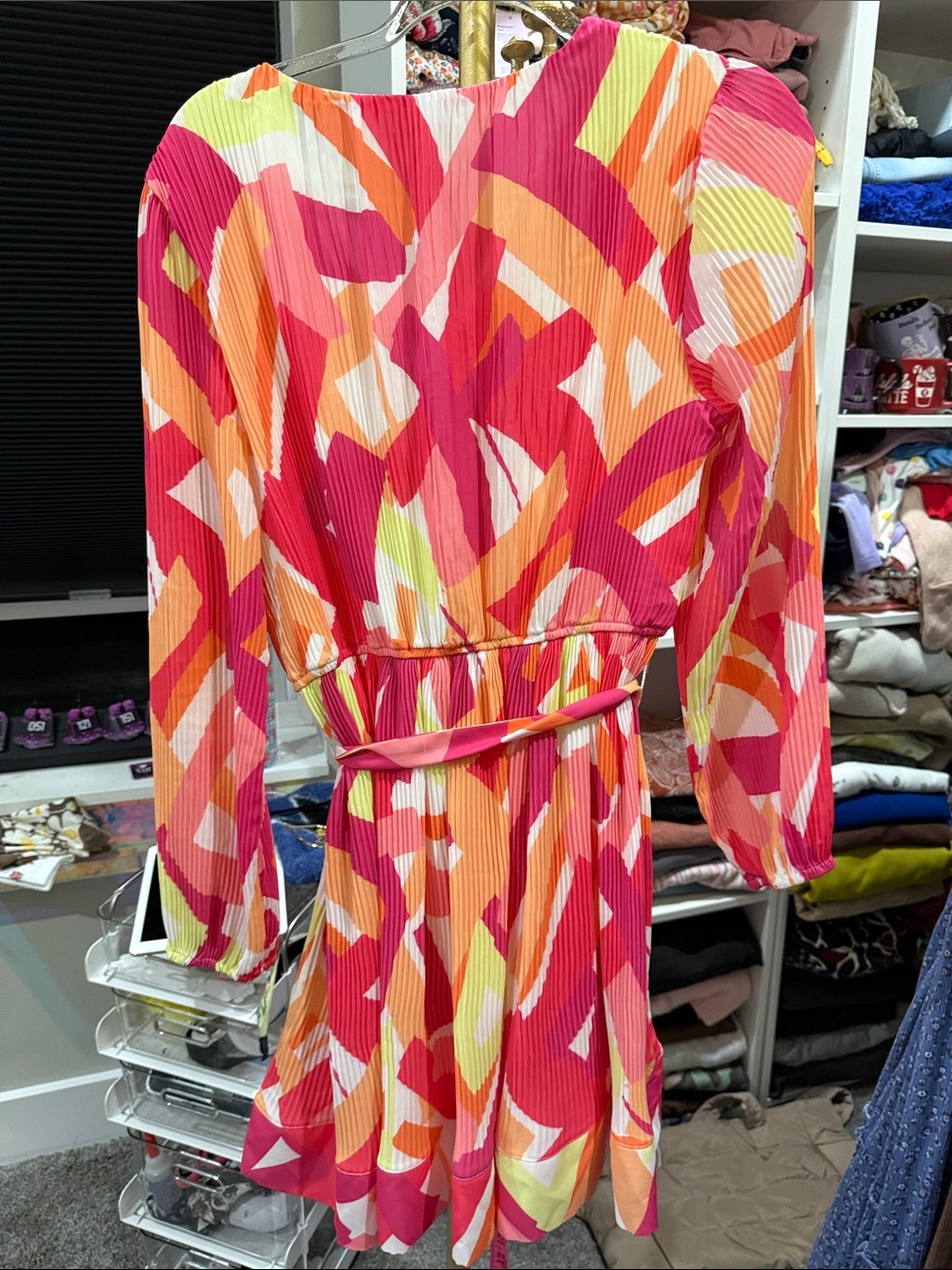 Nicole Miller V-Neck Long Sleeve Abstract Print Midi Dress Pink Orange medium - Picture 3 of 8